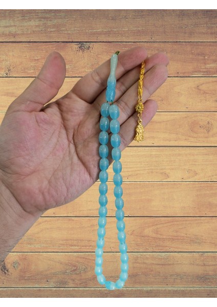 Toz Kehribar Tesbih Mavi Renk Kapsül Kesim Hediye T-829