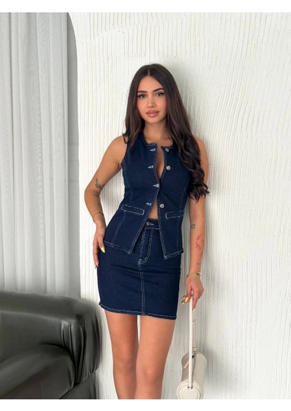 Kot Jeans Etekli Ikili Takım - Lacivert