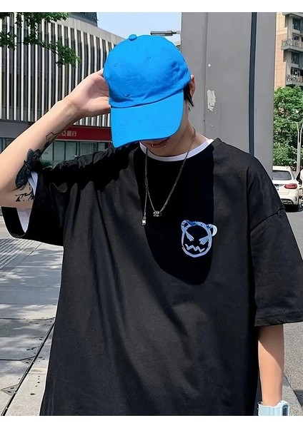 20/1 Penye Compack Bisiklet Yaka Kore Tarzı Sevimli Ayı Baskı Kısa Kol Erkek T-Shirt - Siyah