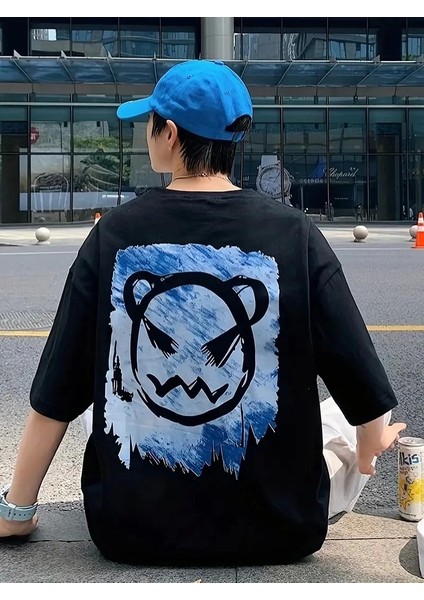 20/1 Penye Compack Bisiklet Yaka Kore Tarzı Sevimli Ayı Baskı Kısa Kol Erkek T-Shirt - Siyah