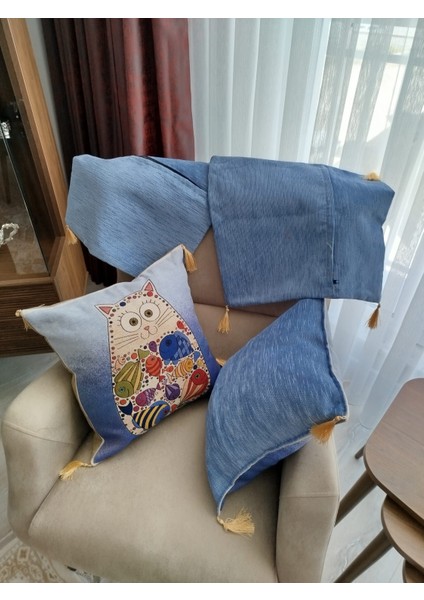 Özel Dokuma Kedi Motifli Goblen Kumaş Dekoratif 4'lü Mavi Kırlent Yastık Kılıfı(Baskı Veya Boya Değildir)