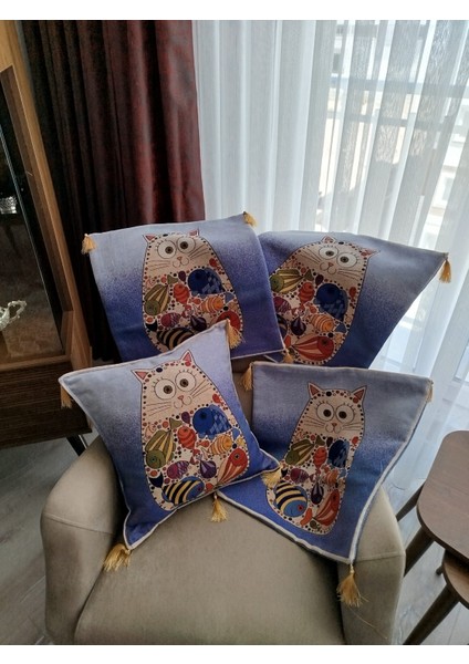 Özel Dokuma Kedi Motifli Goblen Kumaş Dekoratif 4'lü Mavi Kırlent Yastık Kılıfı(Baskı Veya Boya Değildir) fiyatları