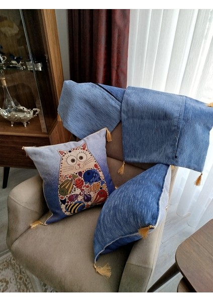 Özel Dokuma Kedi Motifli Goblen Kumaş Dekoratif 4'lü Mavi Kırlent Yastık Kılıfı(Baskı Veya Boya Değildir) modelleri
