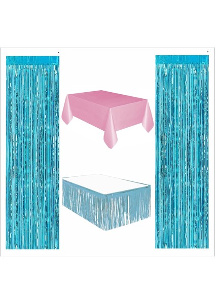 Pembe Masa Örtüsü, Mavi Masa Eteği, 2 Adet Mavi Arka Fon