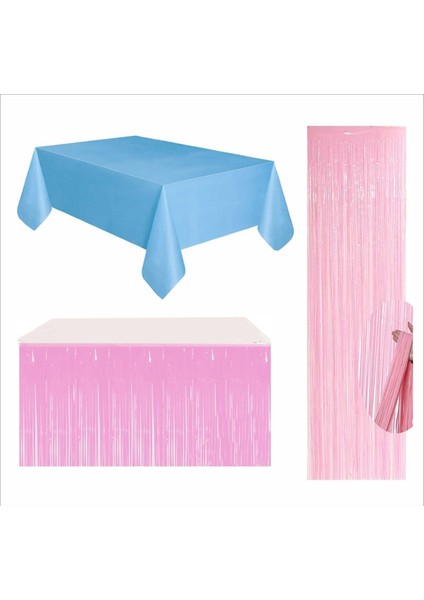 Mavi Masa Örtüsü, Pembe Masa Eteği, Pembe Arka Fon