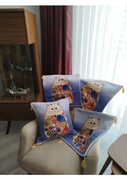 Özel Dokuma Kedi Motifli Goblen Kumaş Dekoratif 4'lü Mavi/kahve Kırlent Yastık Kılıfı(Baskı Veya Boya Değildir)