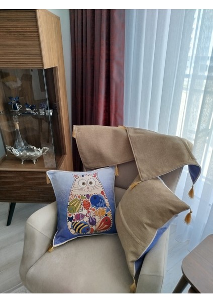 Özel Dokuma Kedi Motifli Goblen Kumaş Dekoratif 4'lü Mavi/kahve Kırlent Yastık Kılıfı(Baskı Veya Boya Değildir) fiyatları