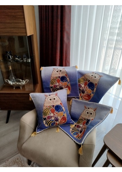 Özel Dokuma Kedi Motifli Goblen Kumaş Dekoratif 4'lü Mavi/kahve Kırlent Yastık Kılıfı(Baskı Veya Boya Değildir) modelleri