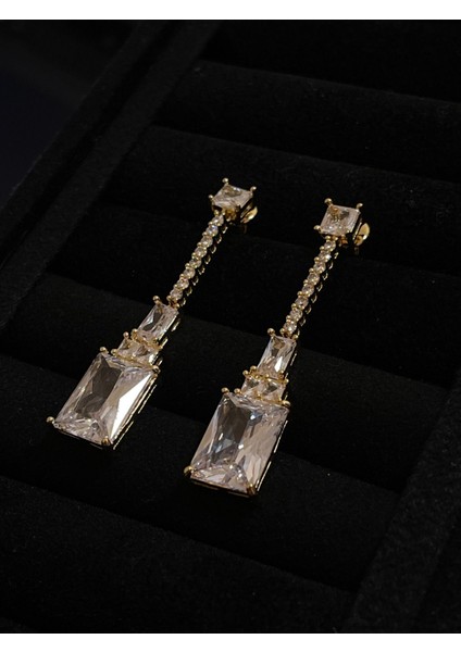Abiye Küpe Parlak Zirkon Taşlı Uzun Sallantılı Pırlanta Kesim Gold