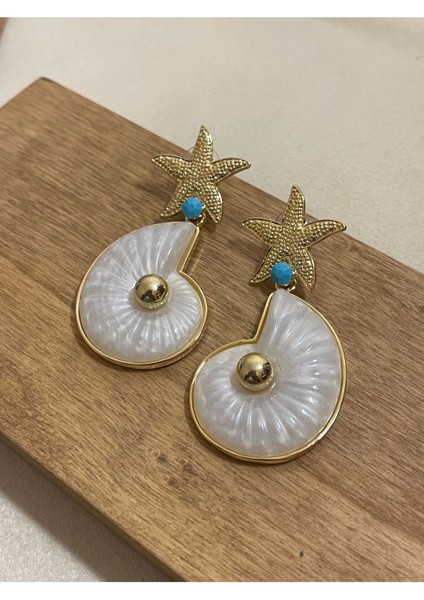 Büyük Boy Yıldızlı Sedefli Balık Kulağı Küpe Özel Model Mavi Taşlı fiyatları