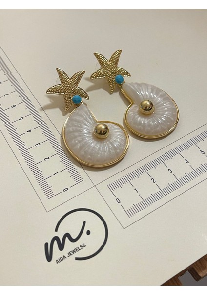 Büyük Boy Yıldızlı Sedefli Balık Kulağı Küpe Özel Model Mavi Taşlı modelleri