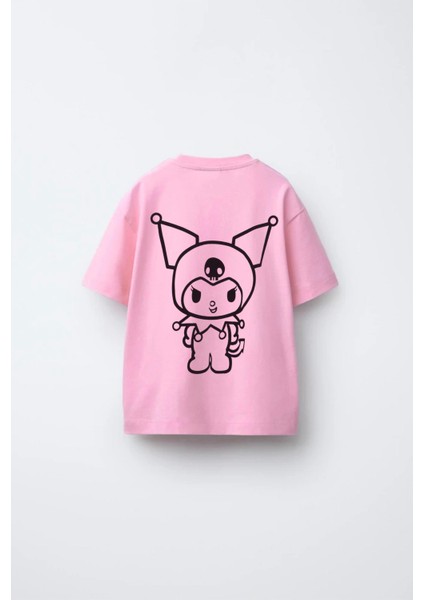 Kız Çocuk Pamuklu Pembe Kuromi Baskılı T-Shirt – Kısa Kollu Günlük Üst