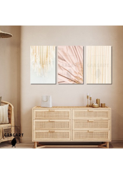 3'lü Kanvas Salon Duvar Tablosu Kumaş ve Makrome Ipi Deseni