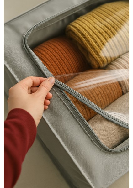 4 Adet Pencereli Imperteks Kumaş Suya Dayanıklı Destekli Telli Büyük Boy Plus Baza Altı Çok Amaçlı Organizer Hurç 66 x 46 x 20 cm