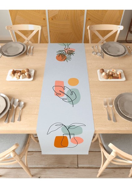 Vazo Çiçek Bohem Desenli Özel Tasarım Runner Baskılı Dekoratif Bej Masa Örtüsü Modern Ev Dekorasyonu