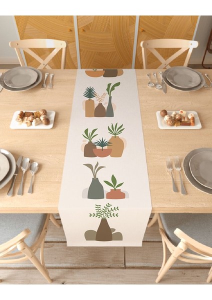 Vazo Çiçek Bohem Desenli Özel Tasarım Runner Baskılı Dekoratif Bej Masa Örtüsü Modern Ev Dekorasyonu