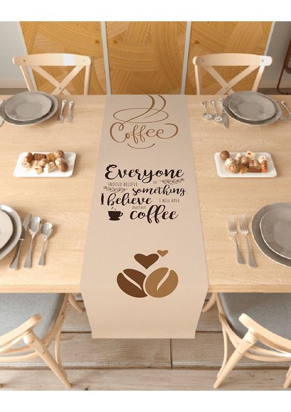 Coffee Kahve Bohem Desenli Özel Tasarım Runner Baskılı Dekoratif Masa Örtüsü Modern Ev Dekorasyonu