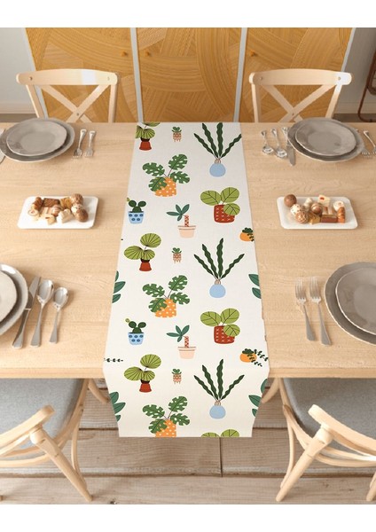 Vazo Çiçek Bohem Desenli Özel Tasarım Runner Baskılı Dekoratif Bej Masa Örtüsü Modern Ev Dekorasyonu