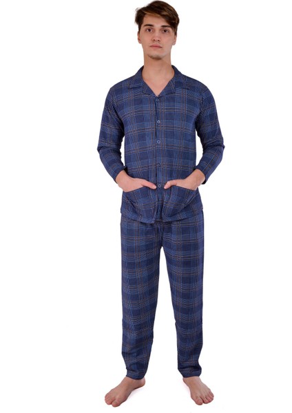 Pamuklu Kumaştan Geniş Kesim Ceket Yaka Lacivert Ekose Desenli Önden Komple Düğmeli Erkek Pijama fiyatları