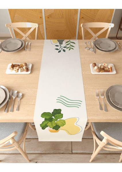 Vazo Çiçek Bohem Desenli Özel Tasarım Runner Baskılı Dekoratif Bej Masa Örtüsü Modern Ev Dekorasyonu