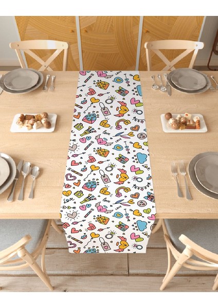 Tatlı Kalp Aşk Bohem Desenli Özel Tasarım Runner Baskılı Dekoratif Masa Örtüsü Modern Ev Dekorasyonu