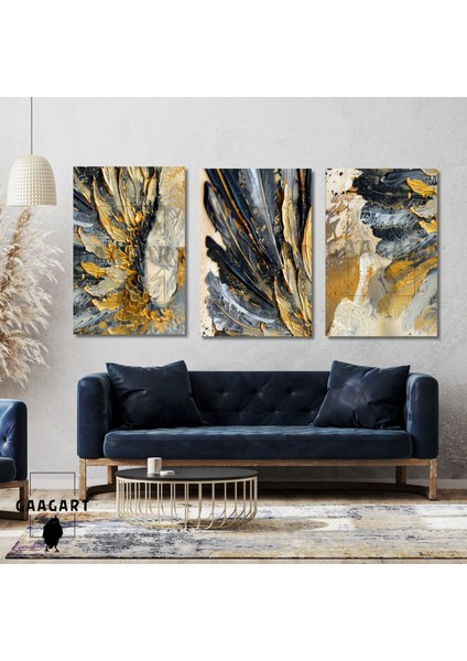 3'lü Kanvas Salon Duvar Tablosu Sarı Çiçek ve Soyut Desen