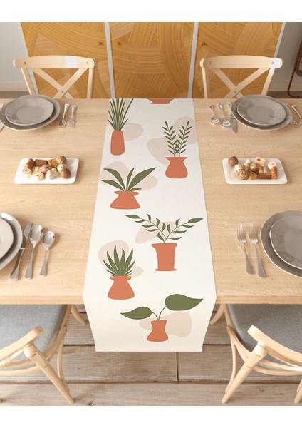 Vazo Çiçek Bohem Desenli Özel Tasarım Runner Baskılı Dekoratif Bej Masa Örtüsü Modern Ev Dekorasyonu
