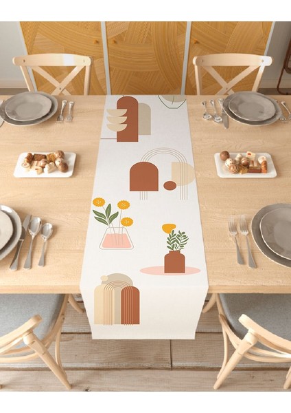 Vazo Çiçek Bohem Desenli Özel Tasarım Runner Baskılı Dekoratif Bej Masa Örtüsü Modern Ev Dekorasyonu