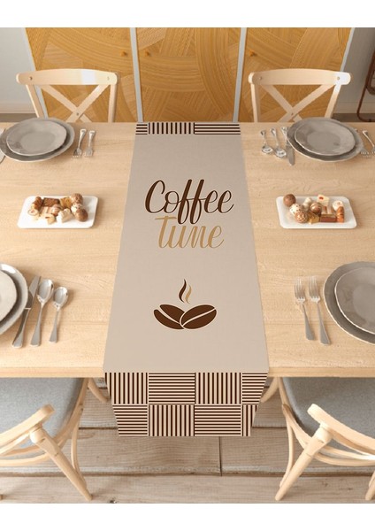 Coffee Kahve Bohem Desenli Özel Tasarım Runner Baskılı Dekoratif Masa Örtüsü Modern Ev Dekorasyonu