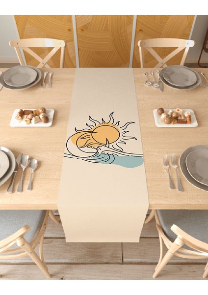 Deniz Dalga Güneş Ay Bohem Desenli Özel Tasarım Runner Baskılı Dekoratif Bej Masa Örtüsü Dekorasyon