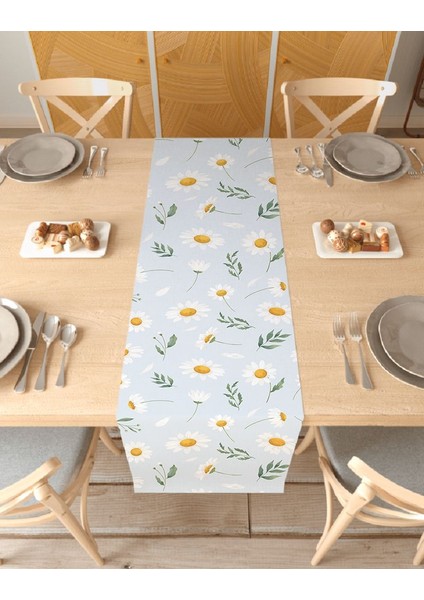 Papatya Çiçek Bohem Desenli Özel Tasarım Runner Baskılı Dekoratif Masa Örtüsü Modern Ev Dekorasyonu