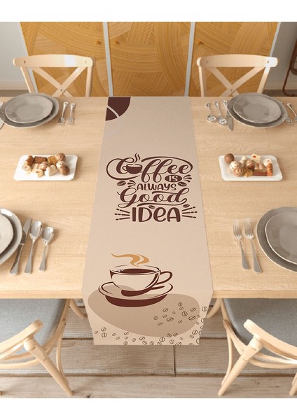 Coffee Kahve Bohem Desenli Özel Tasarım Runner Baskılı Dekoratif Masa Örtüsü Modern Ev Dekorasyonu