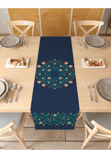 Etnik Çiçek Yaprak Desenli Özel Tasarım Runner Dijital Baskılı Dekoratif Masa Örtüsü Ev Dekorasyonu