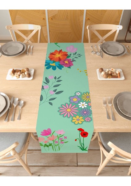 Etnik Çiçek Bohem Desenli Özel Tasarım Runner Dijital Baskılı Dekoratif Masa Örtüsü Ev Dekorasyonu