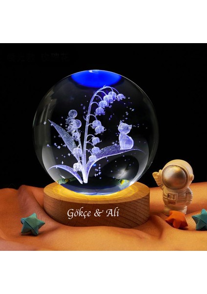 Isme Özel Işıklı Ahşap Kaideli Sevimli Kedi Cam Küre 8 cm *6 cm modelleri