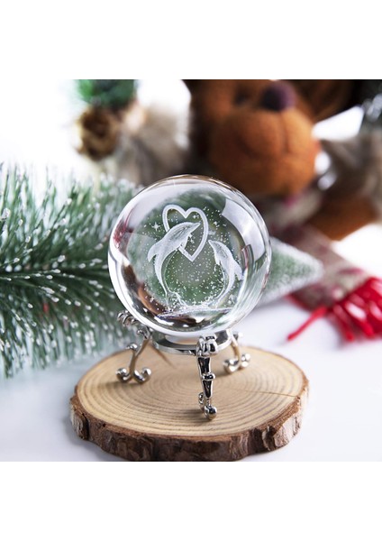 Dekoratif Metal Ayaklı Kalpli Yunus Tasarımlı 3D Cam Küre 6 cm