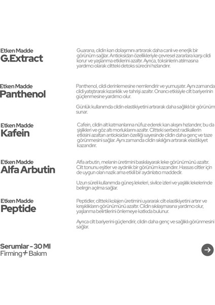 Firming+ Kafein ve Peptide Katkılı Yüz Bakım Serumu - Elastikiyet Artırıcı ve Cilt Canlandırıcı Etki - 30ML