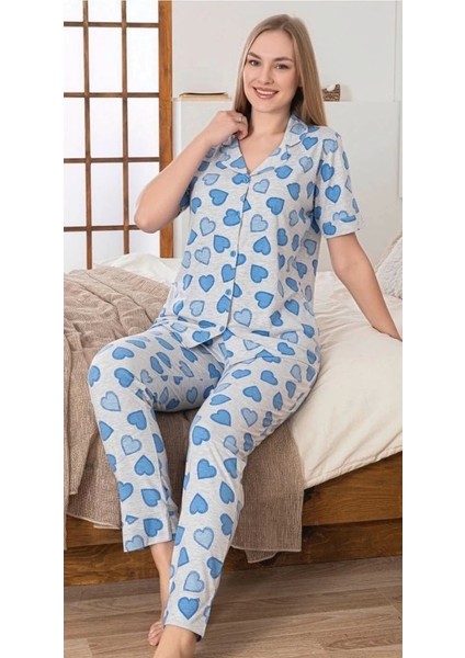 Alissa 6275 Kadın Mavi Kalp Desenli Patlı Pijama Takımı