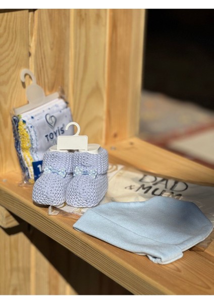 4lü Mavi Bebek Seti Örme Patik& 10LU Mendil& Penye Şapka& Özel Baskılı Zıbın Body Set