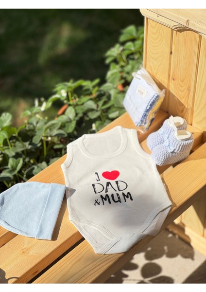 4lü Mavi Bebek Seti Örme Patik& 10LU Mendil& Penye Şapka& Özel Baskılı Zıbın Body Set
