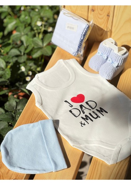 4lü Mavi Bebek Seti Örme Patik& 10LU Mendil& Penye Şapka& Özel Baskılı Zıbın Body Set