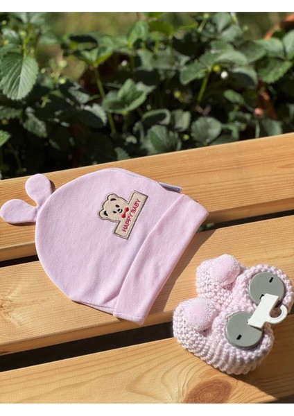 Bebek Pembe Patik& Kulaklı Ayıcık Nakışlı Bere Seti Yenidoğan Hediyelik