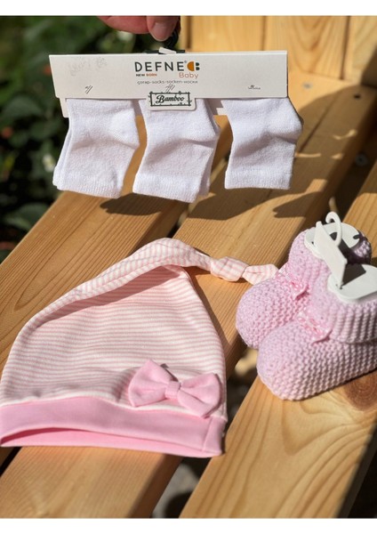 Bebek Pembe Fiyonk Patik& Penye Şapka& 3lü Bambu Çorap Set Yenidoğan Hediyelik