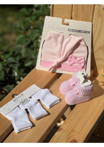 Bebek Pembe Fiyonk Patik& Penye Şapka& 3lü Bambu Çorap Set Yenidoğan Hediyelik fiyatları