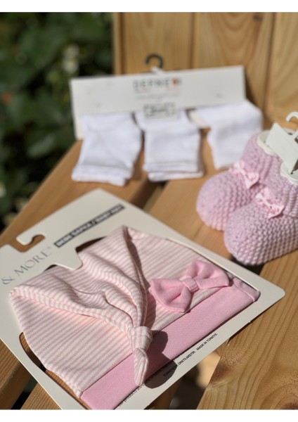 Bebek Pembe Fiyonk Patik& Penye Şapka& 3lü Bambu Çorap Set Yenidoğan Hediyelik modelleri