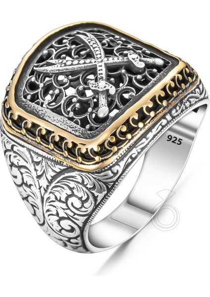 925 Ayar Gümüş Kalem Işlemeli Zülfikar Tasarım Erkek Yüzük