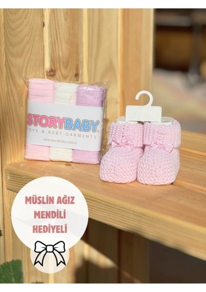 Bebek Fiyonk Pembe Patik& 6lı Pamuklu Mendil Seti (Müslin Mendil Hediyeli) Yenidoğan Hediyelik