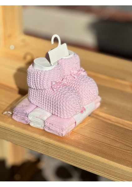 Bebek Fiyonk Pembe Patik& 6lı Pamuklu Mendil Seti (Müslin Mendil Hediyeli) Yenidoğan Hediyelik fırsatları