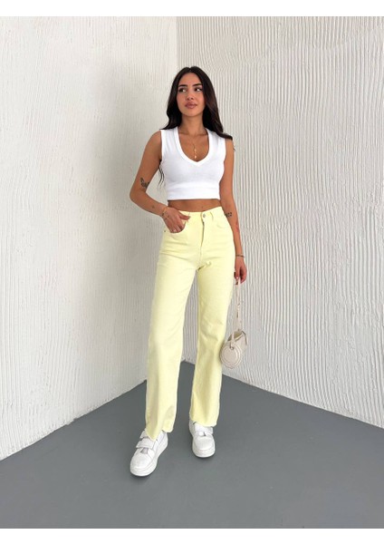 Kesik Paça Detaylı Sarı Kot Pantolon fırsatları