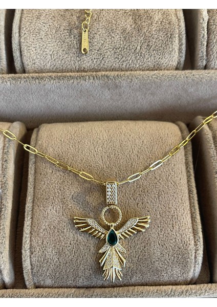 316 L Cerrahi Çelik Yeşil Taşlı Anka Kuşu Kolye Çelik Kolye